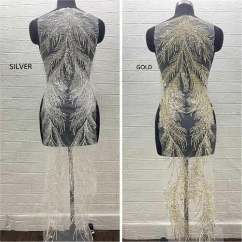 1 PCS Big Sliver Shininy Luxury Party Wedding Dress Applique Beaded Trim Venise Lace Sewing Applique DIY Clothing Lace fabric