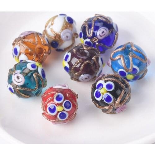5pcs 12mm Round Shape Flower Pattern Handmade Foil Lampwork Glass Loose Beads for DIY Crafts Jewelry Making Findings
