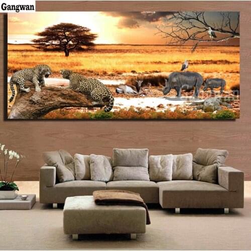 African Grassland Sunset Landscape Cheetah And Rhinoceros diamond Painting cross stitch Living Room wall Animals large Pictures