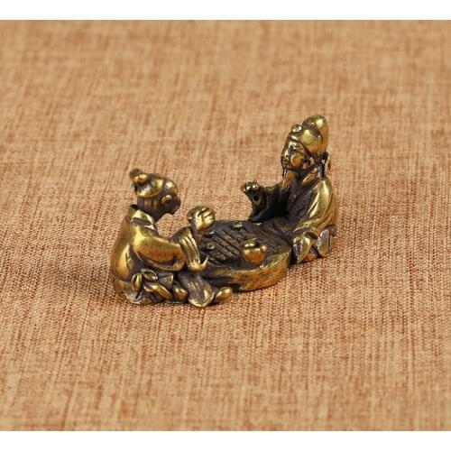 Antique Brass Old Man Playing Chess Calligraphy Painting Miniature Figurines Tea Table Decoration Crafts Accessories Pure Copper