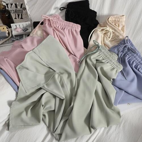 YornMona Fashion Split Wide Leg Pants 2021 New Summer All Match Solid Casual Women Trousers Elastic High Waist Ladies Bottoms