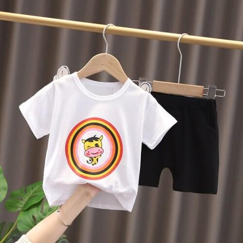 Fashion Children Summer Baby Boys Girls Clothes Kids Cotton Out Cartoon Cow T Shirts Short 2Pcs/sets Infant Toddler Tracksuits