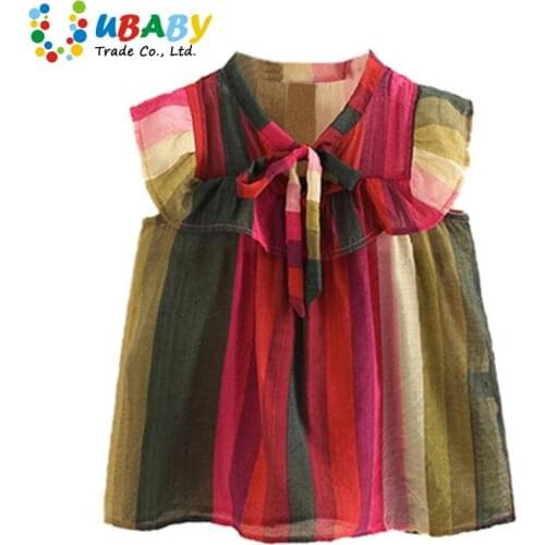 Baby Rainbow Doll Girls Blouse Shirt 2020 Summer New Girl Child Childrens Flying Sleeve Colorful Owknot Shirt