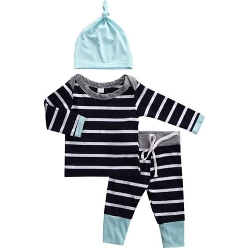 Brand New Cute Newborn Baby Boy Girl Long Sleeve Cap Striped T shirt+Long Pants+Headband Outfits 3Pcs Set