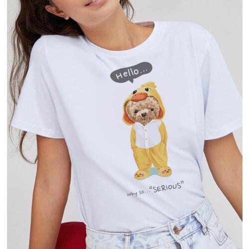 BLINGPAW Teddy Bear Graphic Tees Hello Why So Serious Letter Print T-shirt Cotton Unisex Top&Tees Summer Custom Tee Shirts