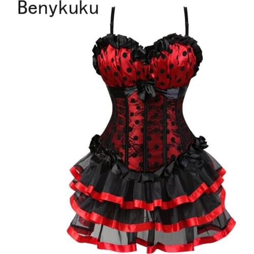 Plus Size Lolita Burlesque Corset Dresses Bustier Skirt Tutu Set Lace Up Victorian Corset with Straps Vintage Cosplay Costume