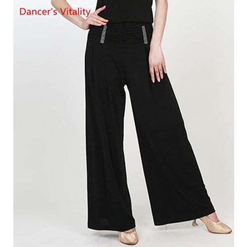 Latin dance New Female Adult Fashion Ice Silk High Waist Trousers Modern Ballroom Dancing Straight Wide-Leg Pants Summer