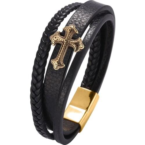 Fashion Black Multilayer Leather Bracelet Men Golden Accessories Stainless Steel Magnetic Buckle Charm Bangles Women Wrist Band