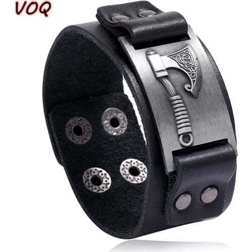 VOQ Retro Simple Nordic Viking Tomahawk Bracelet Bangle Punk Men Locomotive Wide Leather Bracelet Adjustable Wristband Pulseras