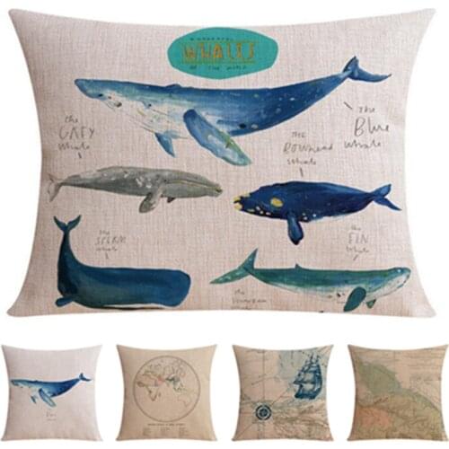 New High Quality Cotton Linen Blue Ocean Abstract Little Fish Whale Car Decorative Pillow Case Cushion Cover Sofa Home Decor