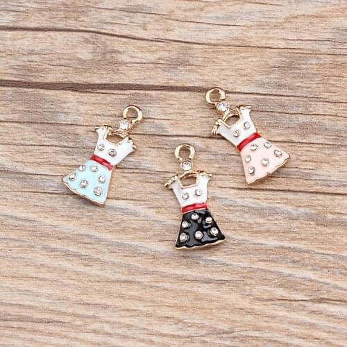 Wholesale 11*25MM 50pcs Crystal Rhinestone Paved Girls Party Dress Pendant Charms Gold Tone Oil Drop Enamel Alloy Earring Charms