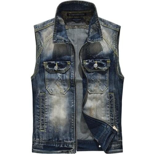 Autumn jacket European new men lapel zipper motorcycle denim vest large size Sleeveless Slim Tops Jeans Coats pocket