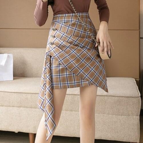 Casual Korean Women Plaid High Waist Slim Harajuku Mini A-Line Skirt Sweet Summer Ladies Irregular Skirts Female