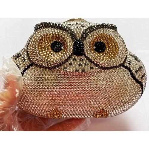 Luxury Full Little Diamond Gold/Silver Clutch Evening Bags Owl Shape Women Small Phone Bag 100% Handmade Ladies Crystal Wallets