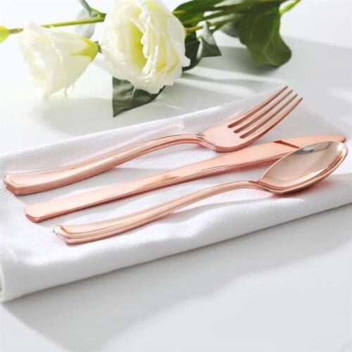 Rose Gold Disposable Plastic Silverware Wedding Party Dinnerware 25 Set Birthday Golden Dinner Knives Forks Spoon Christmas Gift