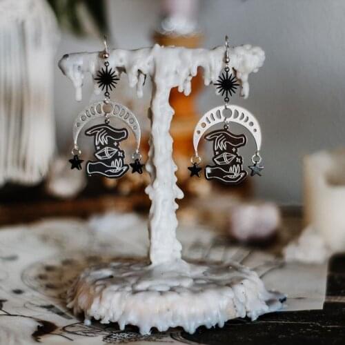 Black crescent moon and magic hand witch earrings, long bohemian earrings, witchy earrings, spiritual earrings, witches hand
