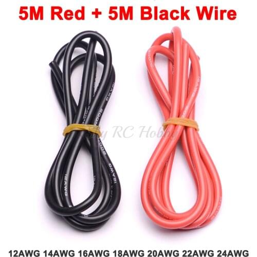 5 meter Red + 5meter Black Silicon Wire 12AWG 14AWG 16AWG 18AWG 20AWG 22AWG 24AWG 12 14 16 18 AWG Silicone Silica Gel Wire Cable