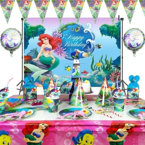 The Little Mermaid Princess Theme Children Birthday Party Supplies Tablecloth Paper Cup Cake Topper Banner Baby Shower