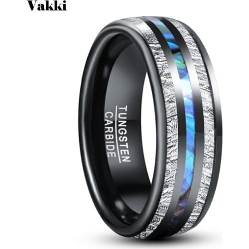 VAKKI 8mm Electric Black Inlaid Meteorite Anel Masculino Abalone Shell Dome Tungsten Carbide Ring For Men