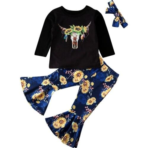 2-6Y Toddler Baby Girl 2020 Spring Sunflower Clothes Long Sleeve Tops T-shirt +Flare Pants+Headband 3pcs Outfits