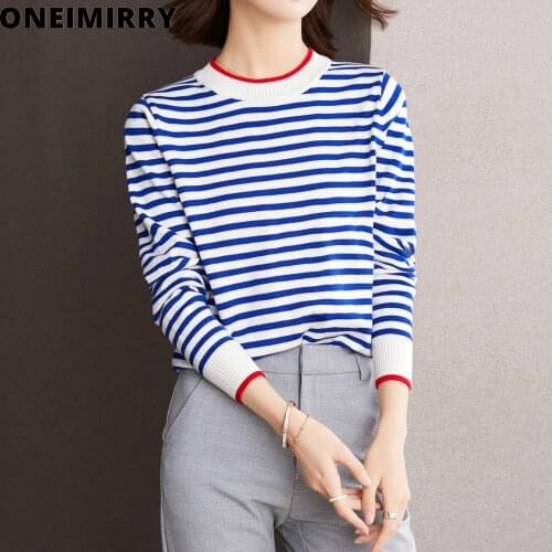 Blue striped womens sweaters autumn 2021 fashion korean pull over tops England Preppy style Knit sweater Female O-neck clothing