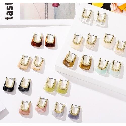 KISS WIFE Vintage Transparent Resin Geometric Irregular U-shaped Hoop Earrings for Women Girl Elegant Colorful Earring Jewelry