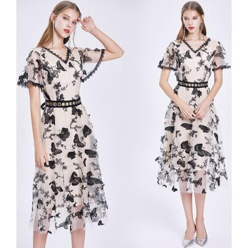 High-end big temperament 2020 new three-dimensional butterfly embroidery slim big swing short sleeve dress With belt