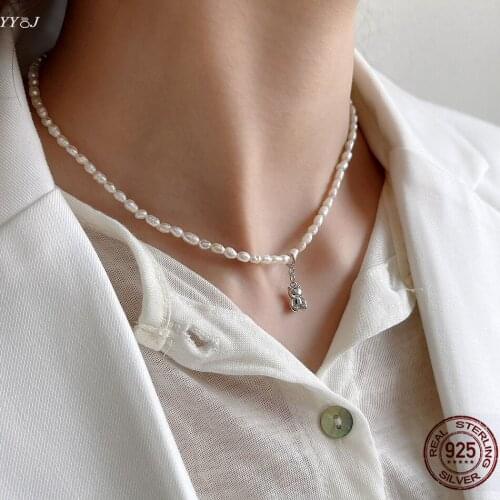 Real pearl bear pendant choker necklace for women sterling silver dainty elegant collar clavicle necklace summer trendy women