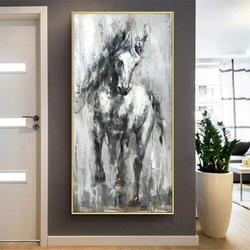 100% Hand Painted Oil Painting Hand Made Abstract Grey Classic Retro Horse Modern Wall Art For Home Decoration Large No Frame
