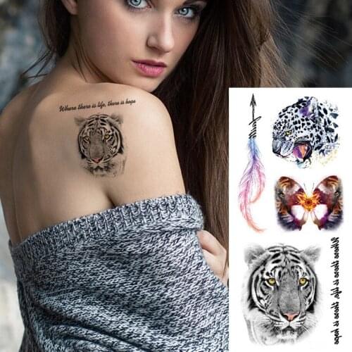 19*9cm Temporary tattoo sticker Colorful feathers tiger butterfly Waterproof flower Sternum body arm tattoo set women men kids