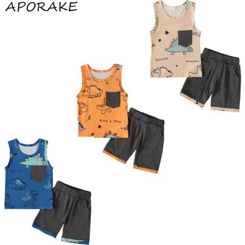 2021 0-3Y Baby Boy Clothing Summer Tracksuits Cartoon Dinosaur Print Pocket Sleeveless Vest+Elastic Waist Shorts Casual Outfits