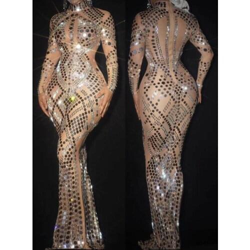 2021 High-end Rhinestone Women O Neck Long Sleeve Patchwork See Through Beading Sequined Buttock Night Club Wear Dress