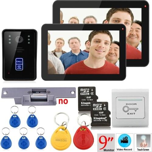 9inch Recording RFID 900TVL Color Video Door Phone Intercom Kit Rainproof Night Vision 8G TF Card+Electric Strike lock