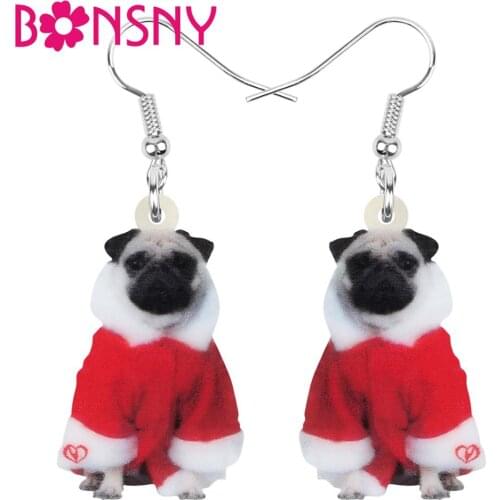 Bonsny Acrylic Christmas Costume Dress Pug Dog Earrings Drop Dangle Animal Jewelry For Women Girl Teen Kid Charm Decoration Gift