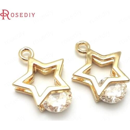 C570)10 pieces 16x11mm 24K Champagne Gold Color Brass with Zircon with Star Round Charms Pendants High Quality Jewelry Findings