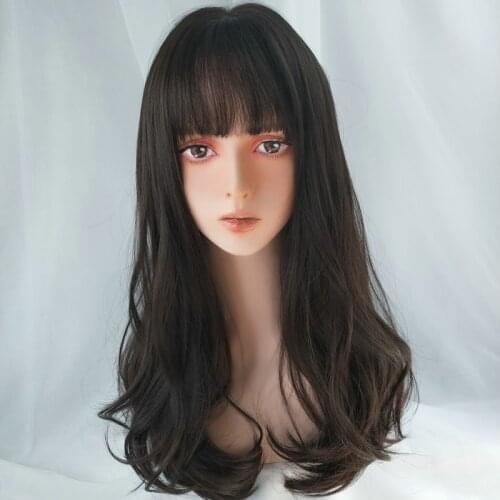 LANLAN Long Dark Brown Womens Wigs with Bangs Wave curly Heat Resistant Synthetic Wigs for Korean style daily cosplay wig