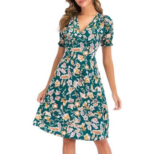 Women Puff Short Sleeve Sexy Deep V-Neck Midi Long Dress Bohemian Floral Print High Waist A-Line Loose Swing Sundress