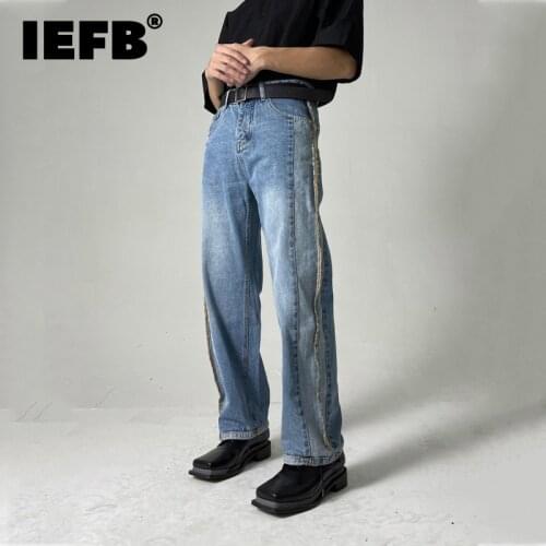 IEFB Stitching Contrast Color Patchwork Blue Wash Jeans Korean Loose Mid Waist Personalized Casual Pants Daily Trousers 9D0359