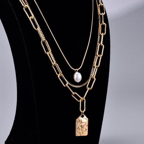 Europe multilayer necklace womens neck chain Pearl titanium steel plating 18K gold clavicle chain fashion jewelry