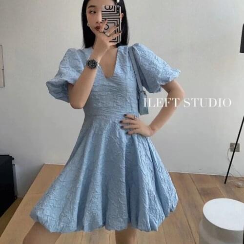 Hstar Summer V-Neck Puff Sleeve Mini Dresses 2021 New Women Slim Waist Solid Color A Line Vintage Vestidos Princess dress