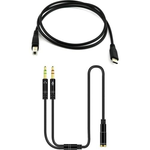 AUX 3.5mm Audio Mic Splitter Cable Female to 2 Male & USB-C USB 3.1 Type C Male to USB 2.0 B Type Male Data Cable Cord