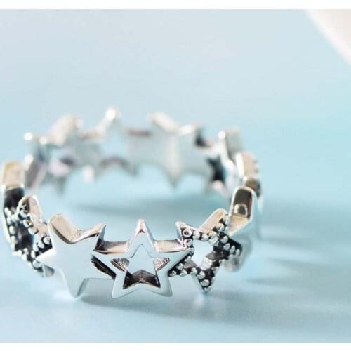 Real S925 Plain Silver Retro Star Fashion Small Opening Ring Exquisite Anniversary Gift Jewelry