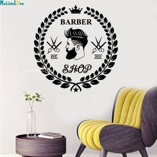 Handsome Man Hairstyle Barber Wall Decal Personalised Shop Haircut Beard Face Tools Logo EST 2019 Salon Removable Sticker YT1210