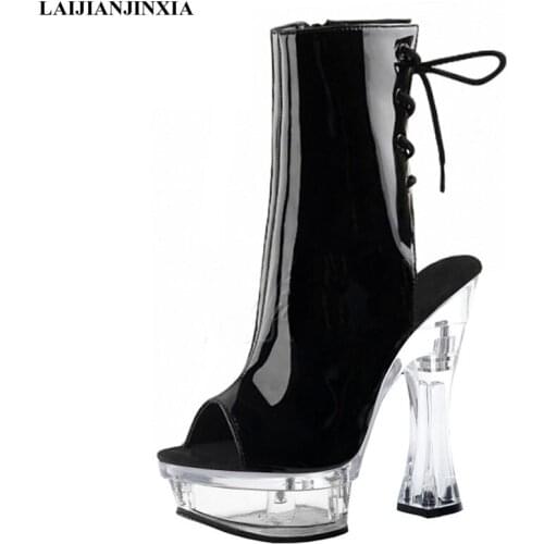 LAIJIANJINXIA New Women Round Toe Patform Ankle Boots For Black and Red Stiletto Side Zipper 14 CM High Heel Boots For Ladies