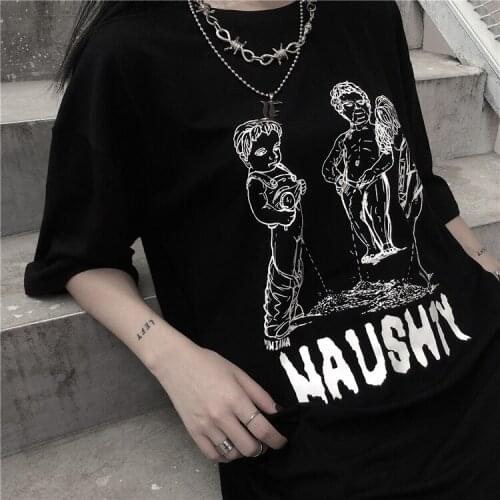 Summer Streetwear Cartoon Letter print cotton chic Harajuku Ulzzang Hip Hop Gothic Oversized Loose Casual vintage women T-shirt