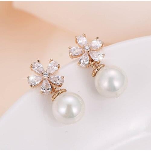 DE156 Fashion Beautiful Elegant 4A Zircon Flower Pearl Earrings GIRLS Gift Party Banquet WOMENS Jewelry Earrings 2021