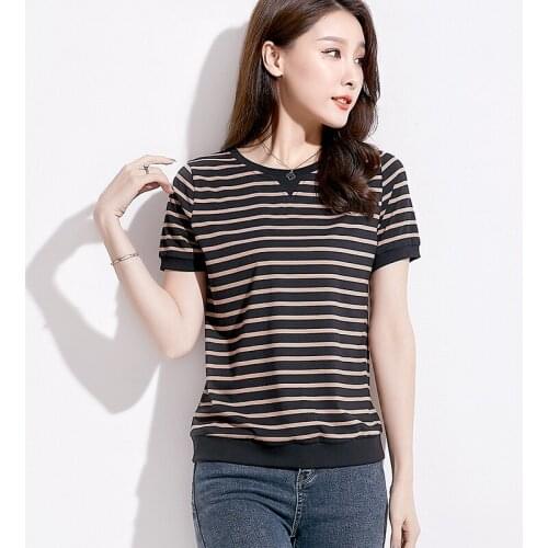 2020 Summer New Large Short-Sleeved T-shirt Female Korean-Style Womens Striped Girls TShirt Cotton Tops Clothes AE0017