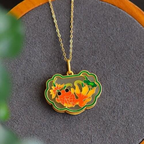 Ancient gold craftsmanship inlaid natural Hetian jade goldfish necklace pendant Chinese style light luxury ladies silver jewelry
