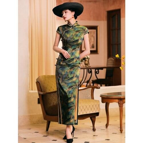 Chinese Dress Woman Cyan Plus Large Size Qipao Real Silk Cheongsam Long Cheongsam Dress Traditional Retro Qipao Oriental Dress
