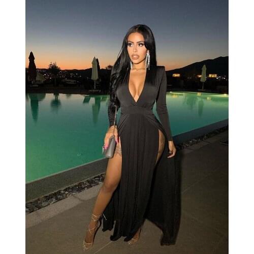 Felyn 2020 Best Quality Famous Brand Dress Black V-neck Long Sleeve High Split Maxi Dress Vestidos